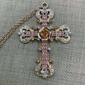 Cross Rose Vintage Inspired AB Crystal Gold Tone Pink Pendant Chain Necklace